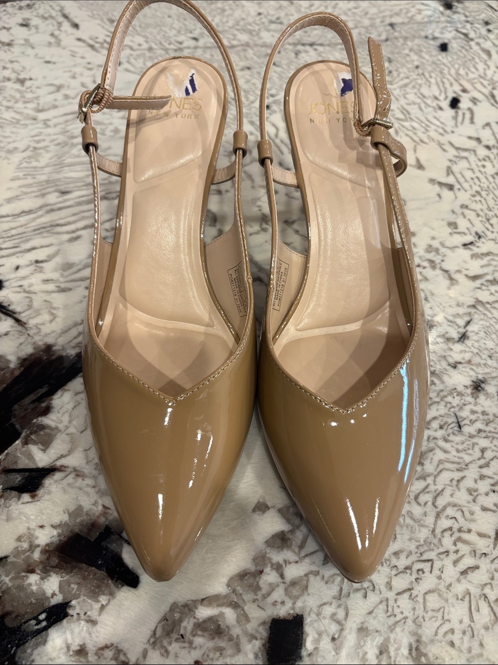 Jones New York Tan Patent Pointed Slingback Mules